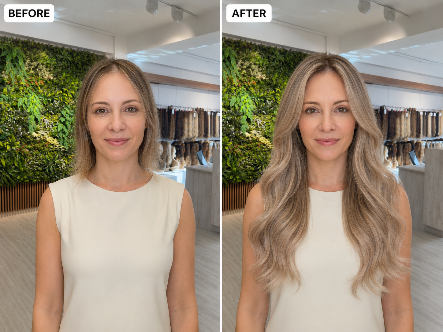 Before and after beige blonde hair extensions result