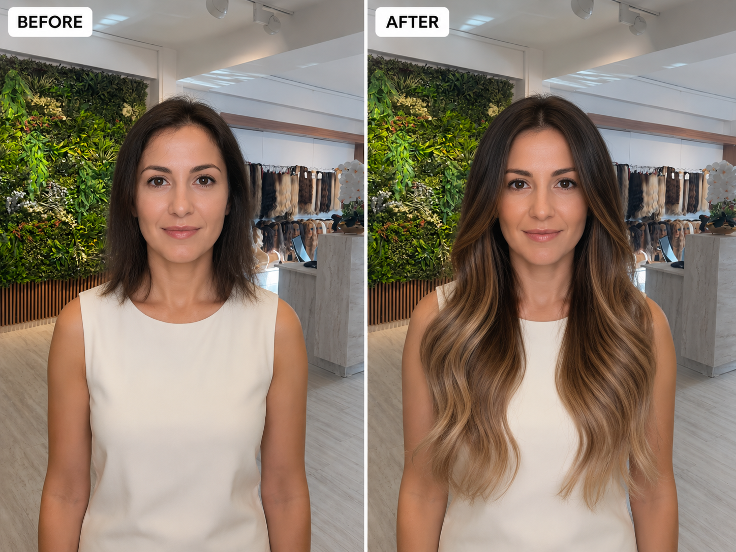 Before and after brunette balayage hair extensions in salon