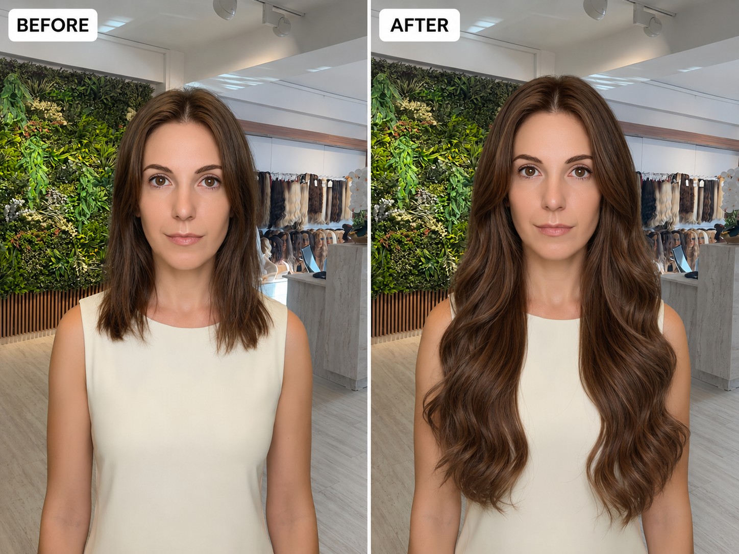 Before and after chestnut brown hair extensions transformation