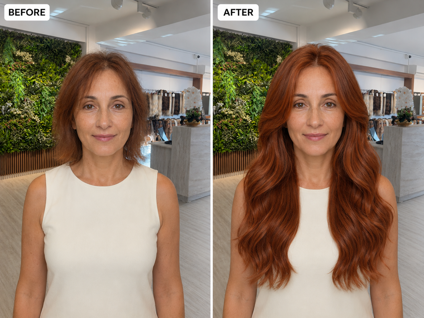 Before and after copper hair extensions transformation