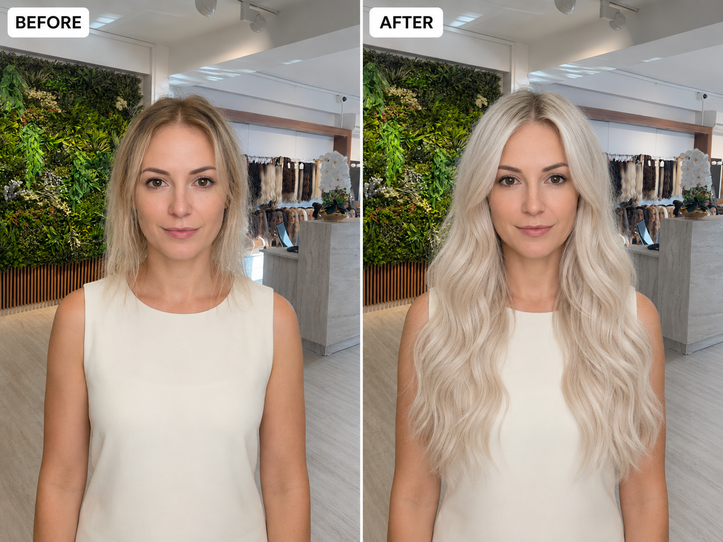 Before and after ice blonde hair extensions result