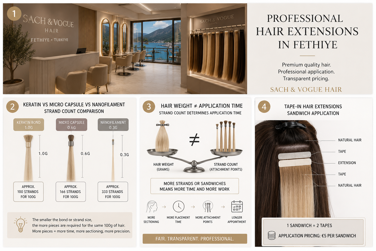 Professional hair extension application studio in Fethiye, Türkiye by Sach & Vogue Hair.