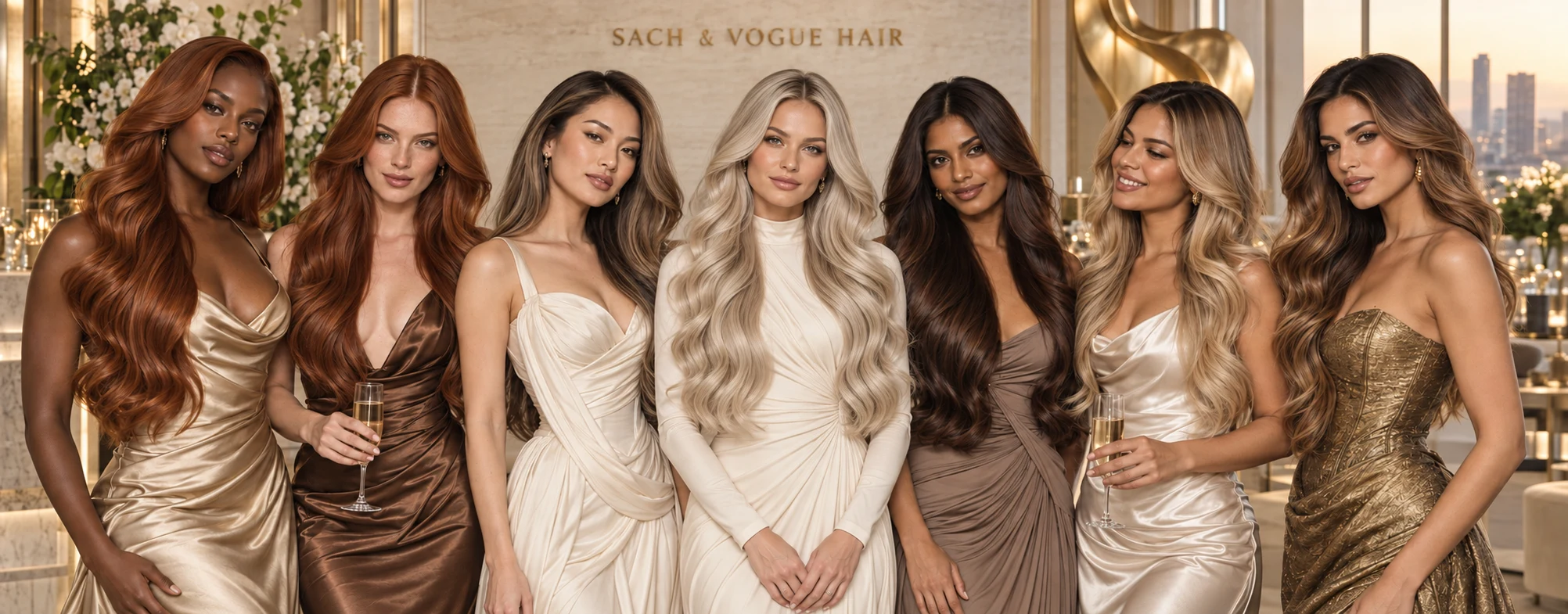Seven models with a central icy ash blonde and copper, auburn, ash brown, chocolate, blonde ombre and balayage hair in a SACH & VOGUE HAIR campaign